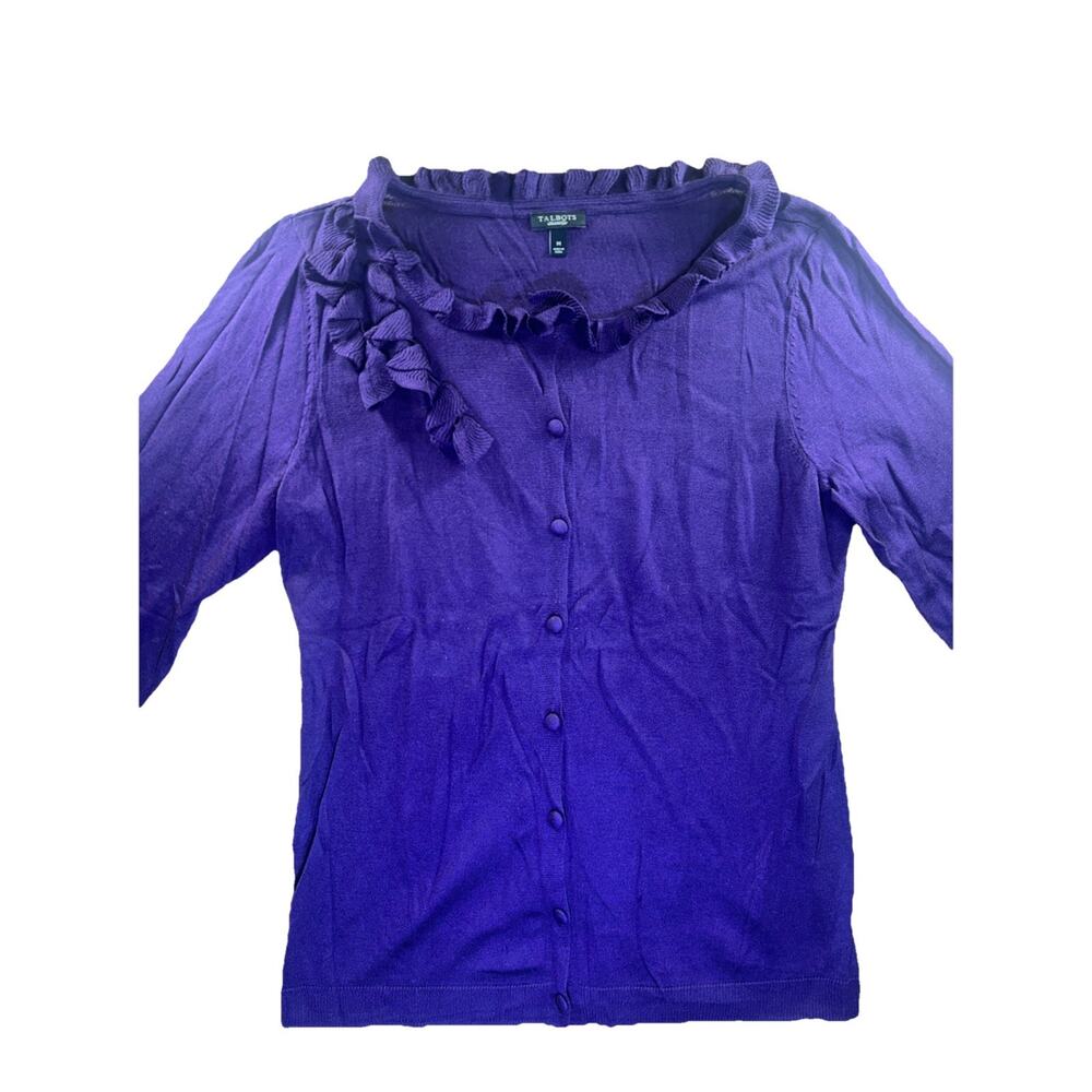 Talbots Sweater Women Medium Purple Silk Ruffle Neck Lagenlook Cardigan